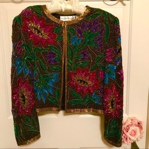 NIGHT VOGUE SILK BEADED FLORAL LONG SLEEVE JACKET